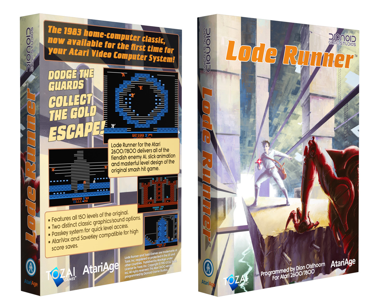 AtariAge's tweet photo. The classic puzzle platformer Lode Runner is now available on the #Atari2600! This remarkable port of the original by Dionoid Game Studios features all 150 levels and beautiful artwork by David Exton. Officially licensed from @TozaiGames. Now available at https://t.co/4rpiLa5UvG https://t.co/x4cM7Yvyrf