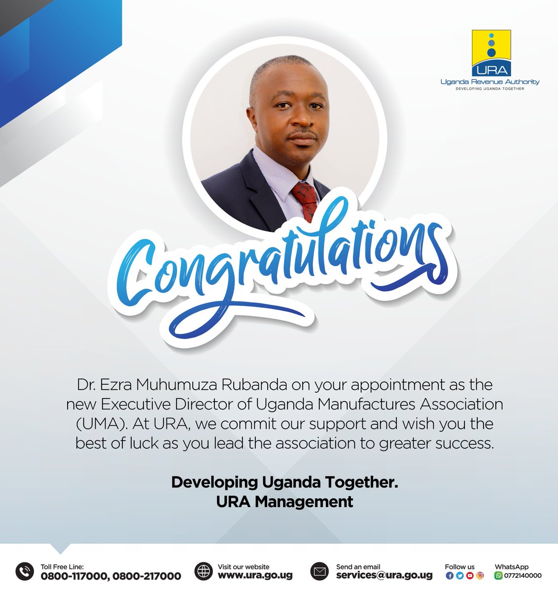 URAuganda's tweet photo. The #URAFamily congratulates Dr Ezra Muhumuza Rubanda and the @newsUMA family upon this fresh beginning.
As partners in development, we are here for you every step of the way.
#FfeBanno
#DevelopingUgandaTogether https://t.co/SDdniQjX3D