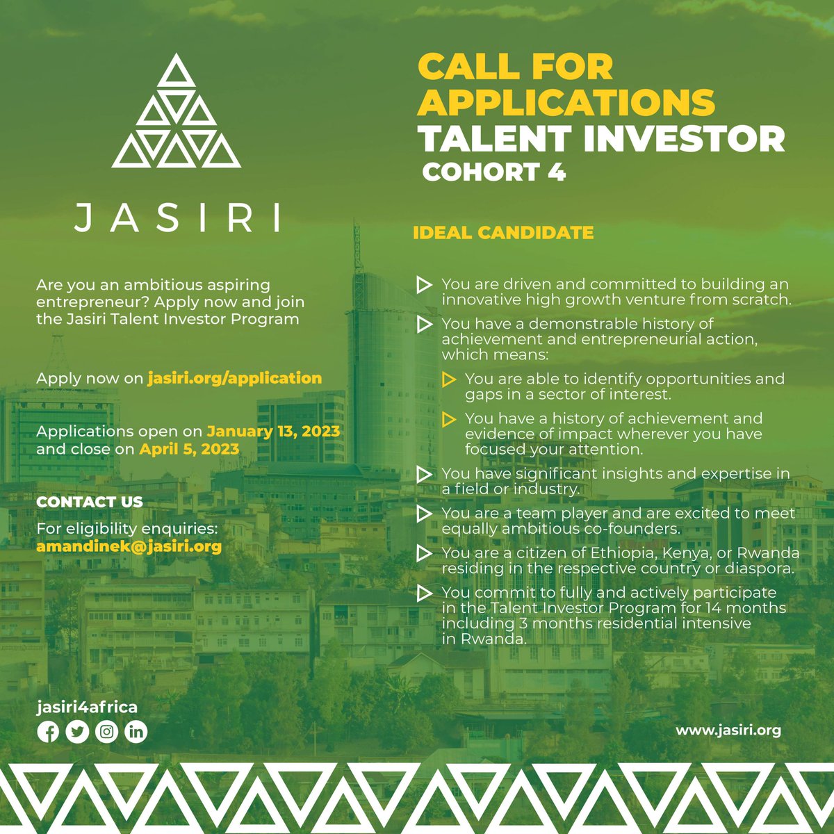 The Jasiri Talent Investor Program 2023 for young East African Entrepreneurs. <a href="/Jasiri4Africa/">JASIRI</a>  is offering individuals who show potential in entrepreneurial talent an opportunity to develop as responsible entrepreneurs