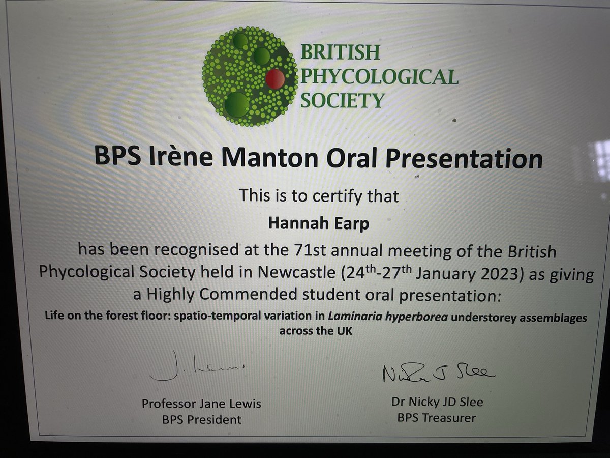Pippa_J_Moore's tweet photo. And @hannahsearp does the double @bps_algae annual meeting. Highly commended for her talk and poster @newcastlemarine @ecology_ncl @NCLDoveMarine #bps23 https://t.co/x6oKFFCv4w