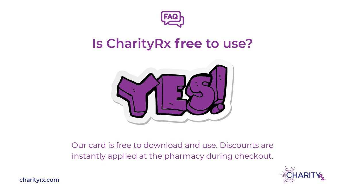 CharityRx's tweet photo. ✅ Yes! CharityRx is completely free to use. Help charities every time you use your prescription discount card!
💸 Save today at https://t.co/bGCIsIQtqX
#CharityRX #Pharmacy #Charity #HelpAndSave #PharmacyDiscount #SaveOnPrescriptions #FreeForEveryone #FreeToUse #FAQ https://t.co/G4Ey6m2TEG