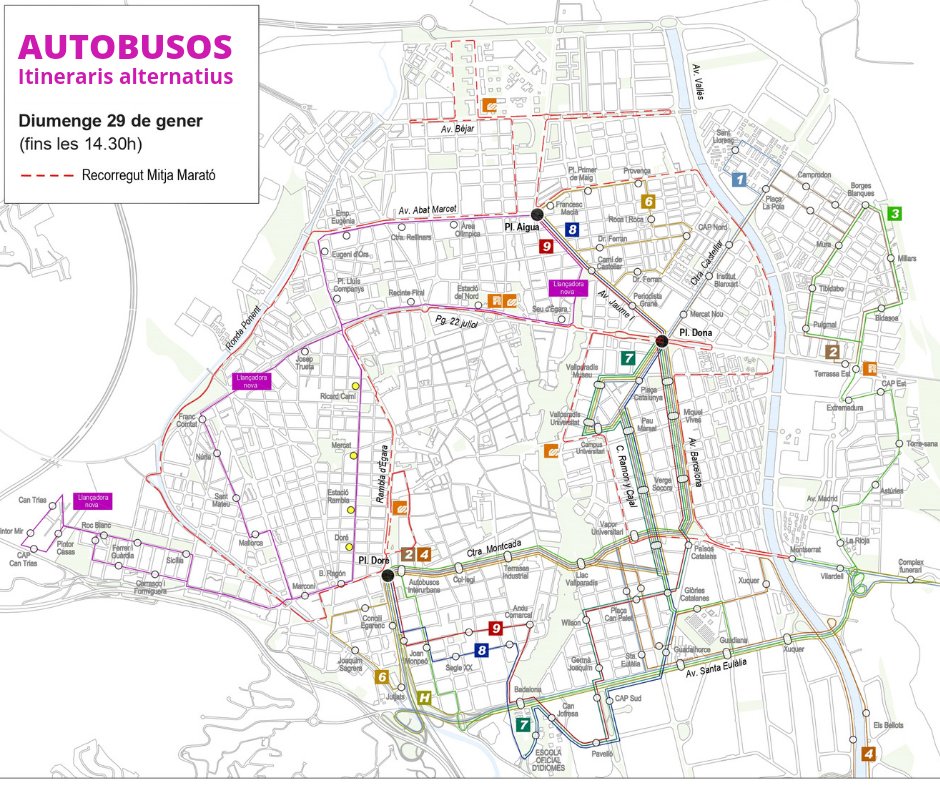 ajterrassa's tweet photo. 📢 MITJA MARATÓ 👉 Afectacions de trànsit i bus de diumenge: els talls s'iniciaran a les 6 del matí i fins a la finalització dels actes (14.30h) o bé fins al pas del darrer corredor per cada punt.

Consulteu els mapes ampliats a 👉 https://t.co/UHBASv2nnF

#MitjaMarató #Terrassa https://t.co/hu7XWHrZCf