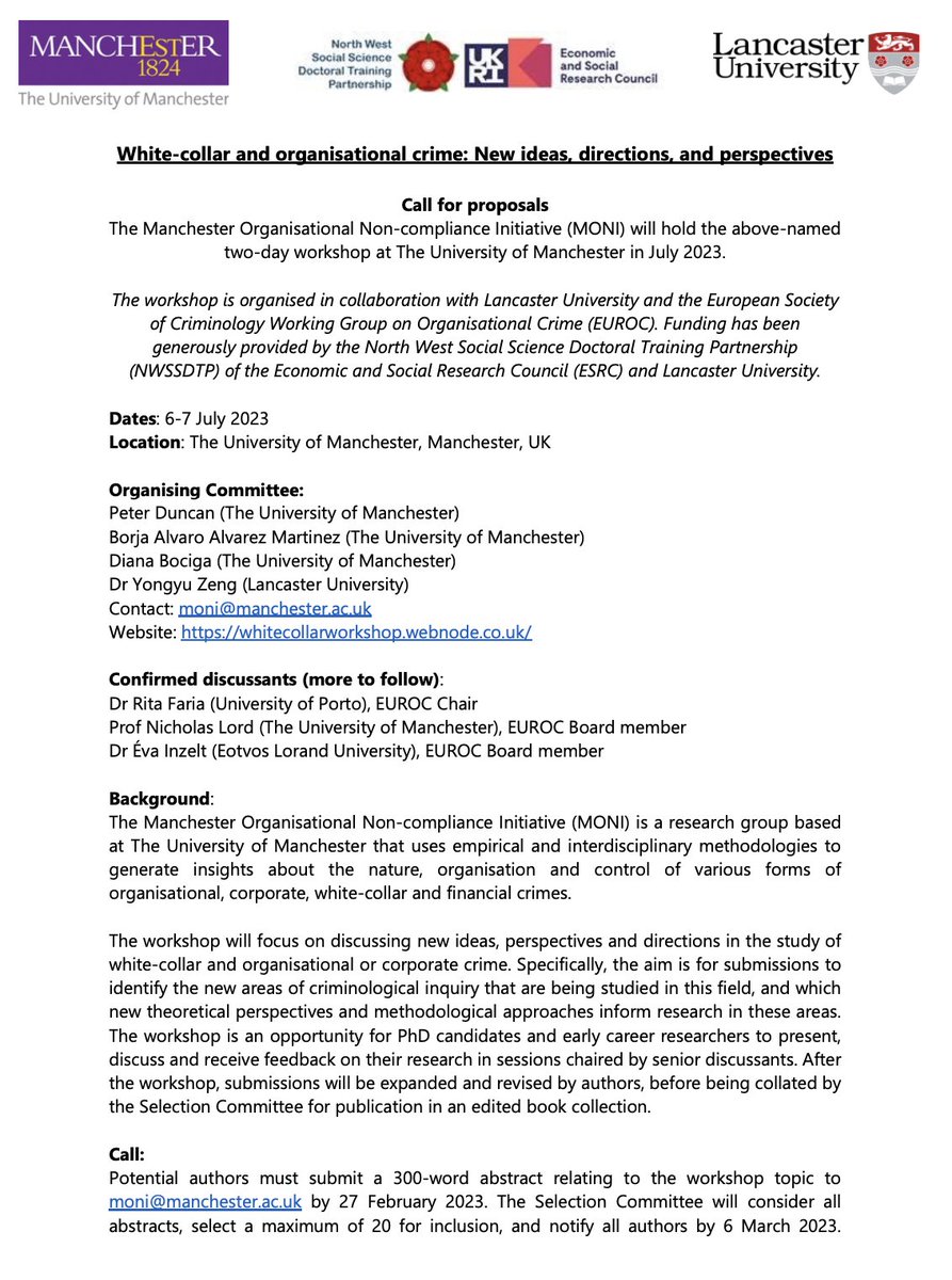 DianaBociga's tweet photo. Workshop‼️ Excited to announced that we (@PeteDuncanCrim, @112kg7850m, @Yongyu_Zeng, @ProfNickLord) are holding the workshop 'White-collar and organisational crime: New ideas, directions and perspectives' in Manchester on 6-7 July 2023. More info here: https://t.co/6Wsruq6yQZ https://t.co/LP0dA7APWl