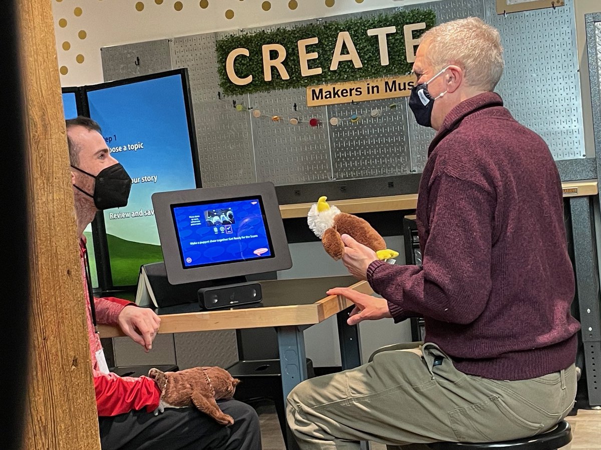 StoryHabitat's tweet photo. Great to return to my old stomping grounds at Boston Children's Museum in their Tech Kitchen, testing out ways we can focus on #ClimateResilience in museums through story recording and puppet shows. #storykiosk #storyhabitat #musesocial https://t.co/R4ddVgpoFE