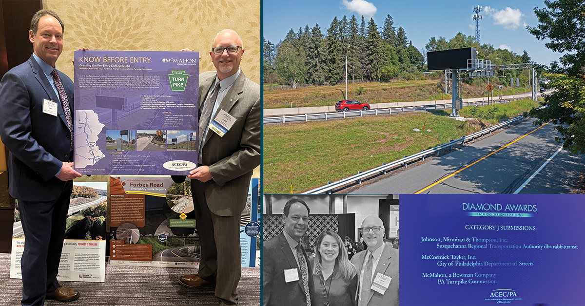 mcmahonassoc's tweet photo. Thrilled to highlight our Pre-Entry DMS project with the @PA_Turnpike at the @ACEC_PA Diamond Awards yesterday. It was a great project that has helped keep travelers safe and informed. #mcmahonproject https://t.co/GxTYHXflzY