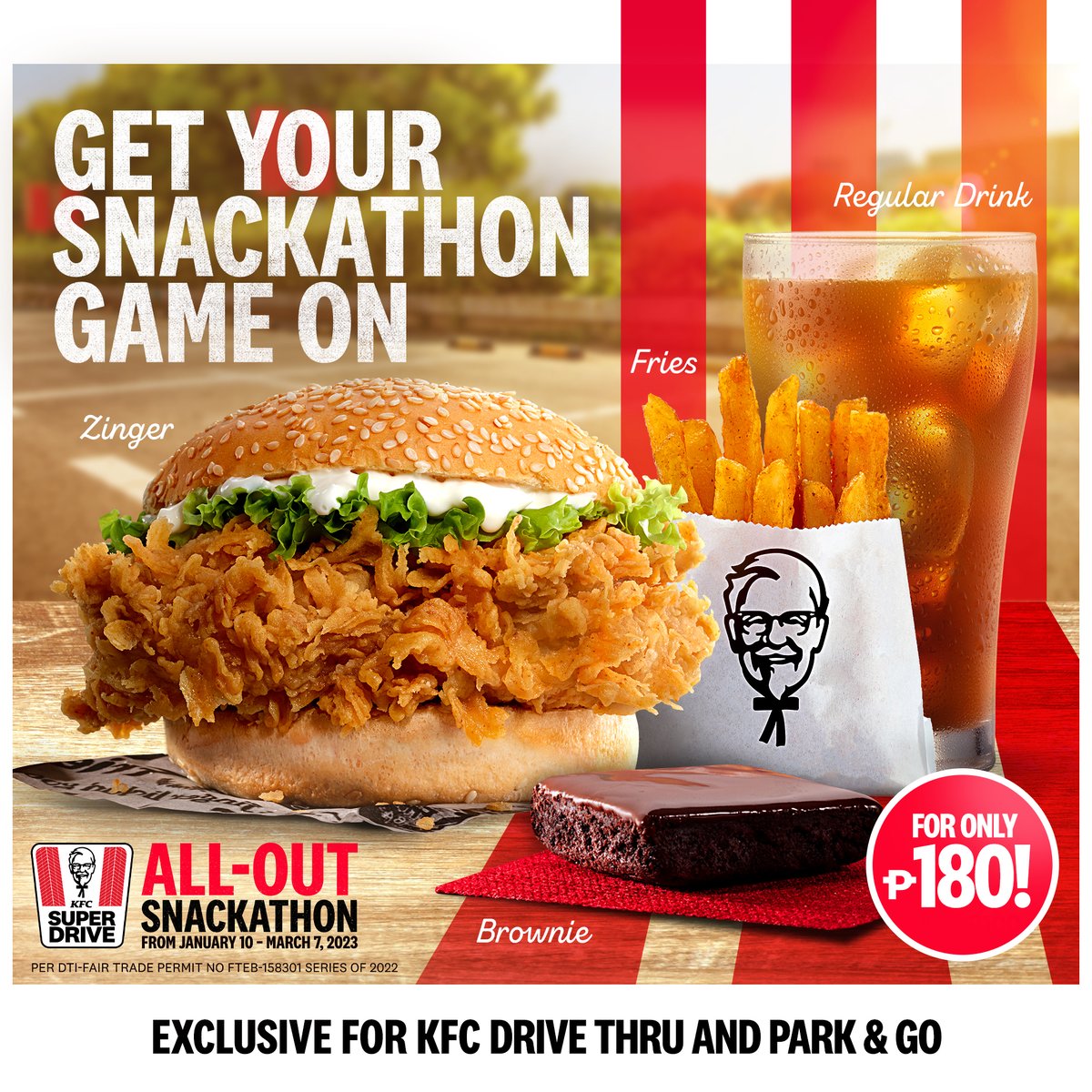 KFCPhilippines's tweet photo. Dig in! Your fave snacks are waiting! Get these Snackathon deals from January 10 - March 7, 2023 only. Don’t miss it! 🍔🍟🥤🍫

Head to the nearest SuperDrive store (https://t.co/LfpgPLubsX) and get your KFC fix via drive-thru, or Park &amp; Go. https://t.co/NpBU8o6AiE