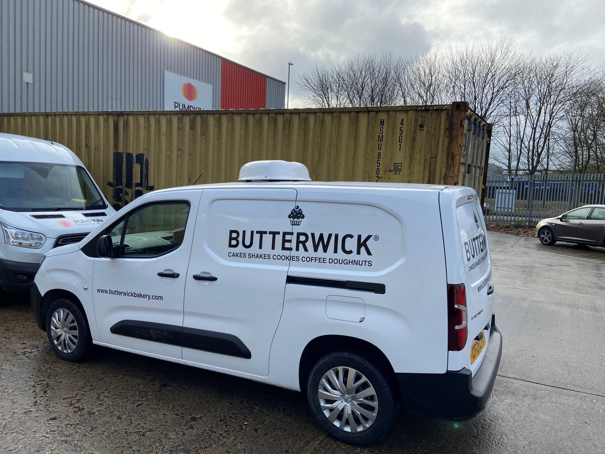 PumpkinPrint's tweet photo. Yesterday we produced these new graphics and installed them on two refrigerated vans at our unit in Corby for Butterwick. 🚐 

The layout is nice and clear, ensuring they’ll be seen while out delivering their amazing cakes, cookies and doughnuts! 🍩 

#vehiclegraphics #corby https://t.co/TpFwi3qoMp