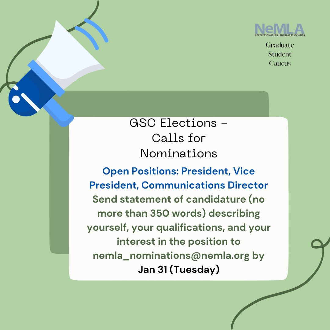 NeMLAGradCaucus's tweet photo. Happy Friday, everyone! We've decided to extend the deadline for GSC officer self-nominations till Jan 31 (Tuesday). Find information about officer positions here: https://t.co/JHEtb9vrcy https://t.co/3byHP7EDr5