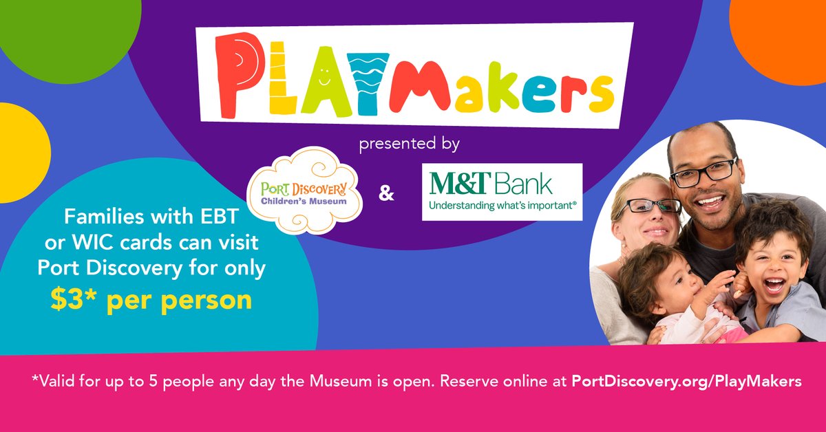 portdiscovery's tweet image. Do you have an EBT Card or WIC ID? Visit Port Discovery Children’s Museum for just $3 via the PlayMakers Program- presented by Port Discovery &amp;amp; M&amp;amp;T Bank. Restrictions apply. Learn more: bit.ly/3Qugbn2

#discount #accessprogram #marylandfamily #proudlybaltimore