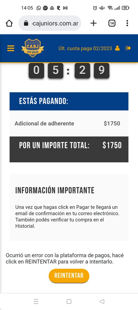 Diecasalde's tweet photo. @BocaAdherentes Me tiro este error despues de poner la tarjeta, ahora me figura pago en proceso pero ni idea si estoy adentro o afuera https://t.co/X93WTSc2VE
