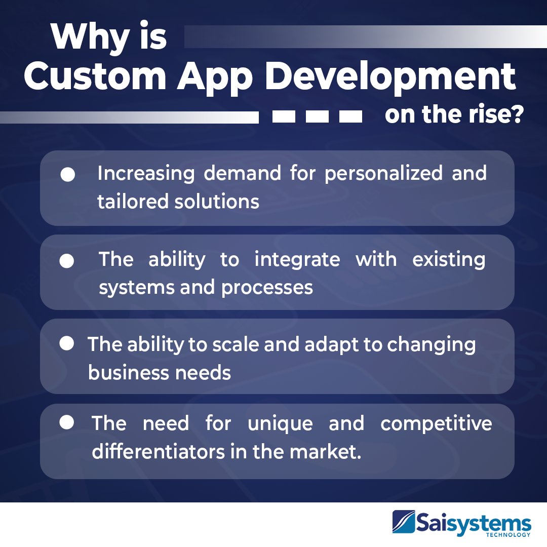 Gone are the days of one-size-fits-all apps. Custom app development is becoming increasingly popular as businesses look to differentiate themselves and offer a unique experience to their customers. 

#customappdevelopment #customapps #appdevelopment #android #ios #usa #india
