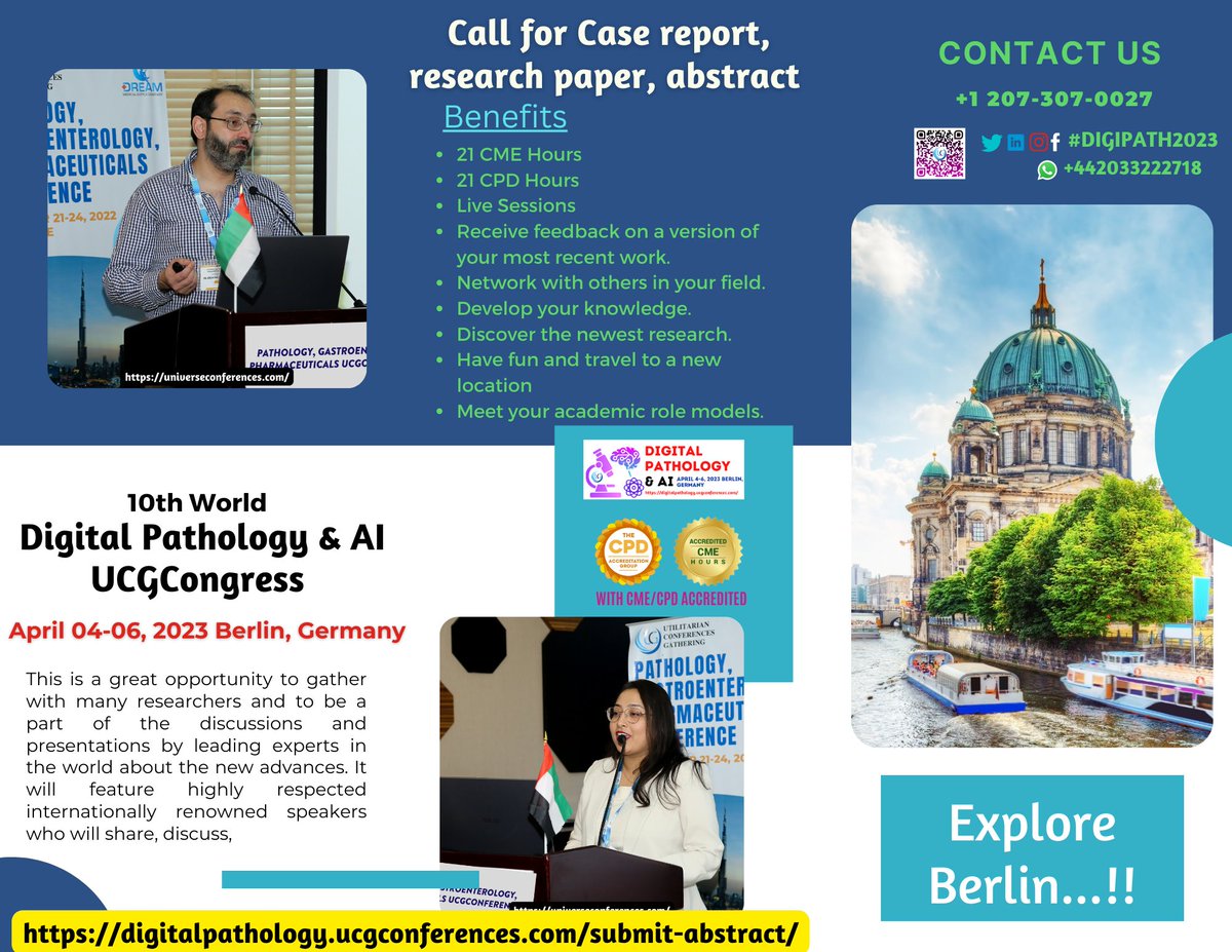 DrCarlAdam1's tweet image. #SubmitAbstract - Digital Pathology UCGConferences , Now the Registration is open for the CME/CPD accredited 10th World Digital Pathology &amp;amp; AI UCGCongres on April 04-06, 2023 in Berlin, Germany. We are left with a few slots, join ASAP digitalpathology.ucgconferences.com/submit-abstrac… 

#Pathology #Patholo