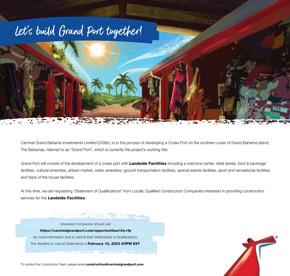 gbpasocial's tweet photo. On behalf of @CarnivalCruise, GBPA is pleased to share information on their behalf requesting local, qualified construction companies interested in providing construction services for the Landside Facilities. Interested companies should visit their website to learn more! #GBPA https://t.co/Uqgo3WRfcy
