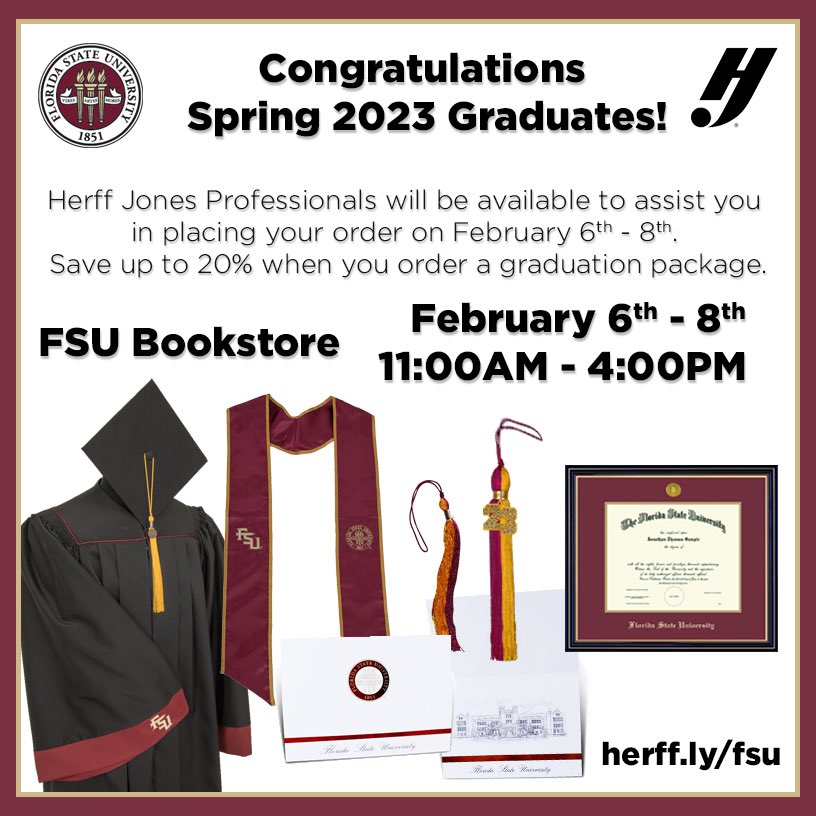 Attention graduating Noles, stop by the FSU Bookstore Feb 6-8 to meet with Herff Jones associates! 🎓