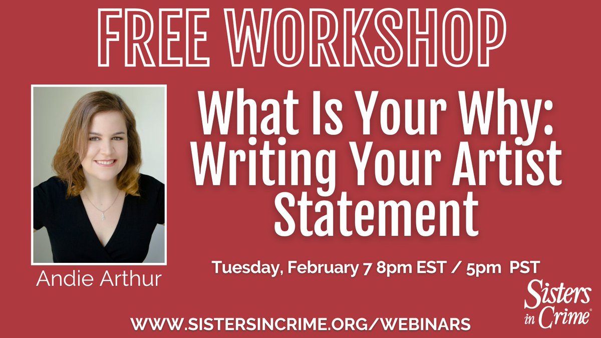 SINCnational's tweet photo. SAVE THE DATE!!!

Join #SinC and playwright and dramaturg @AndieArthur for a FREE workshop. Find out why you need an artist statment...and how to write one!
Info/registration here:
https://t.co/x5Fbn4qsyd

#WritingCommunity #mystery #thriller #artists https://t.co/t04ZNzV73h