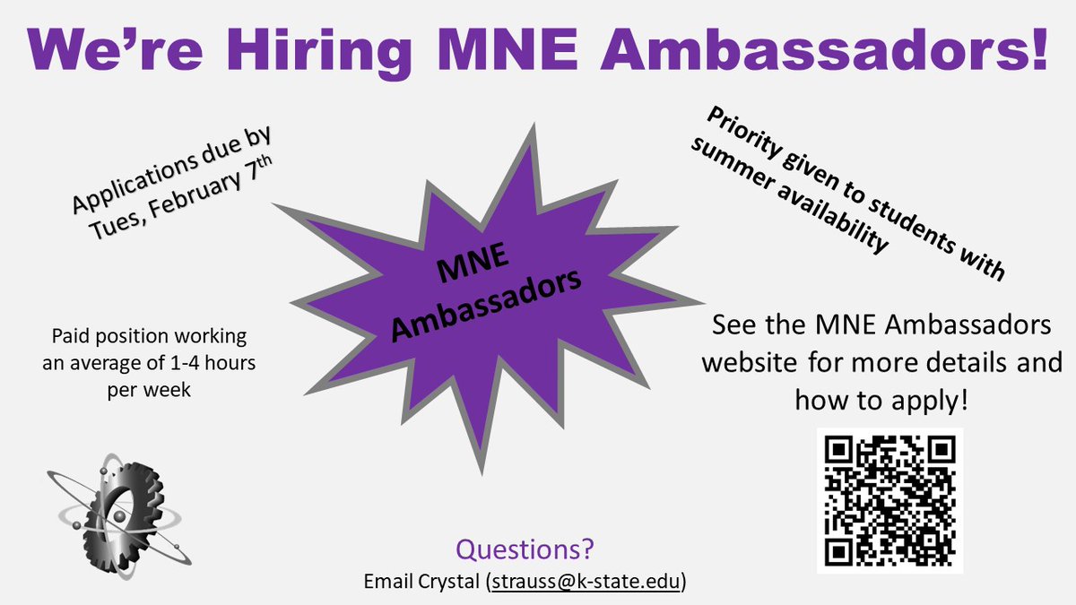 KStateMNE's tweet photo. The MNE Department is hiring Ambassadors! 

Current MNE undergraduate students are invited to apply for a position on this awesome team by February 7.

https://t.co/9efIqAsQyy https://t.co/GfUKWtwsr5