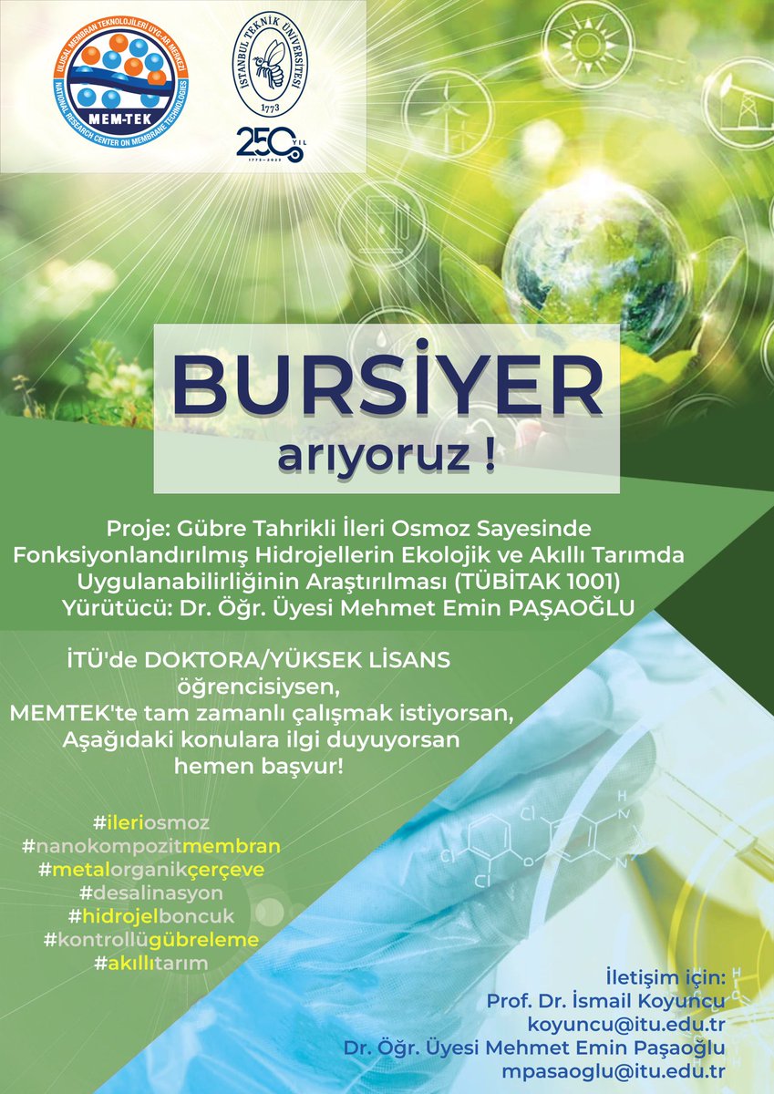 itumemtek's tweet photo. TÜBİTAK 1001 projemize bursiyer arıyoruz! 
İlan ilgini çektiyse CV’ni mpasaoglu@itu.edu.tr ya da koyuncu@itu.edu.tr adreslerine gönder!
@itu1773 @ituardek @EminPasaoglu 
@ProfDrKoyuncu 
#proje #burs #scholarship #forwardosmosis #membranefabrication #memtek #membrane #desalination https://t.co/OyEHu9zeZi