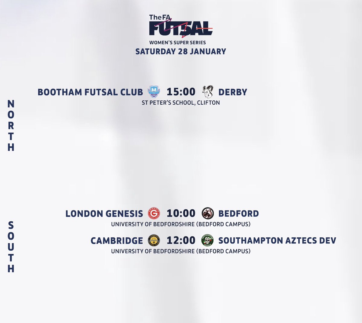 Great selection of games available to attend this Saturday in the Women’s National Futsal Series @FA_NFS. 

@SotonAztecs  Vs @BloomsburyFTSL also available on YouTube. 

@BFC_futsalclub @hartpuryfutsal @CamFutsalClub @BedfordFutsal @derby_futsal @BoothamFutsal @Bhamfutsalclub