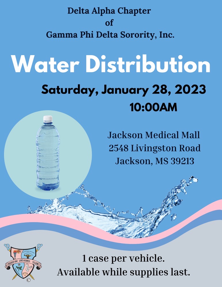 The Delta Alpha Chapter of Gamma Phi Delta Sorority, Inc. will host a Water Distribution Drive tomorrow, January 28 at 10AM at the Jackson Medical Mall. #JxnMedMall