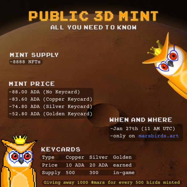 mars_birds's tweet photo. We are pleased to announce that the 3D marsbird mint will be starting at 6 PM UTC today. In addition, we are excited to inform you that it will now be possible to mint with ETERNL on mobile. Sorry for the delay but we wanted it to be a smooth mint🦉 https://t.co/3XryPWg9M3
