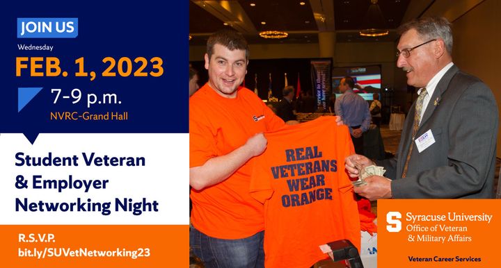 #SyracuseU Student Vets! 🗣️ 

We are hosting a Veteran Career Services Employer Night in Grand Hall on Feb 1 from 7-9 pm! Meet potential employers, learn more about job opportunities, and grow your network! RSVP Here: bit.ly/SUVetNetworkin…