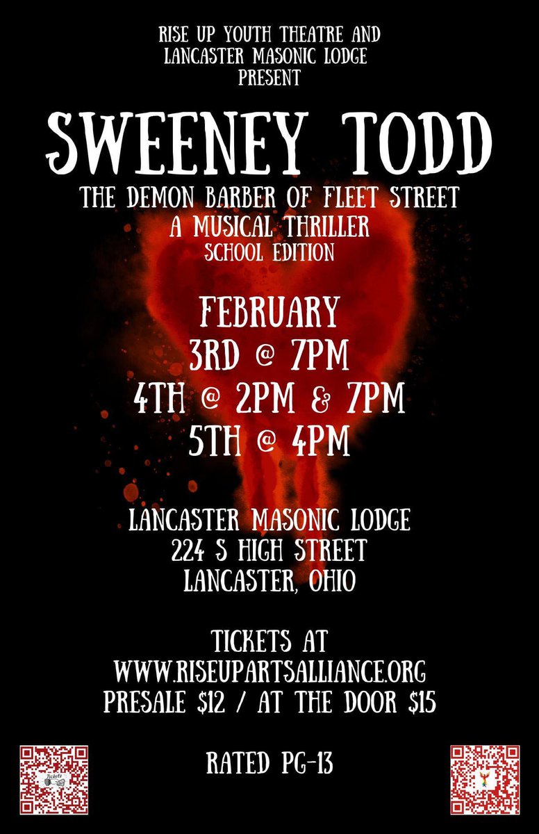 Get your tickets while they last! Sweeney  Todd [school edition] at Lancaster Masonic Temple Feb. 3-4-5. Original musical adaptation with music by Stephen Sondheim. Tickets $12 in advance, $15 at the door.  TICKETS: riseuparts.ludus.com/index.php?show…