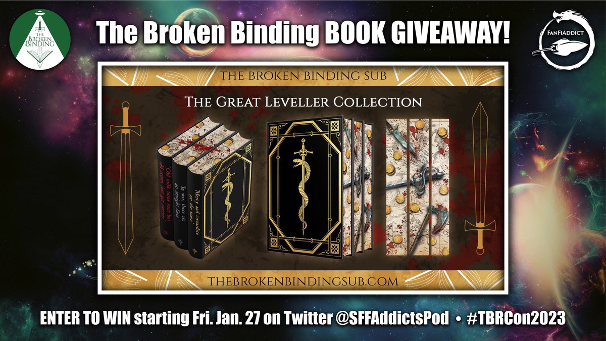 SFFAddictsPod's tweet photo. 1/2 #TBRCon2023 sponsor TBB is giving away a special edition of @LordGrimdark’s The Great Leveller Collection!
1. Follow @SFFAddictsPod 
2. Follow @binding_broken 
3. Like/retweet this tweet
ENTER TO WIN with 1,2,3 via @rafflecopter (giveaway ends Feb. 3)
https://t.co/ovUfRE5meO https://t.co/wGQoaNV1eS