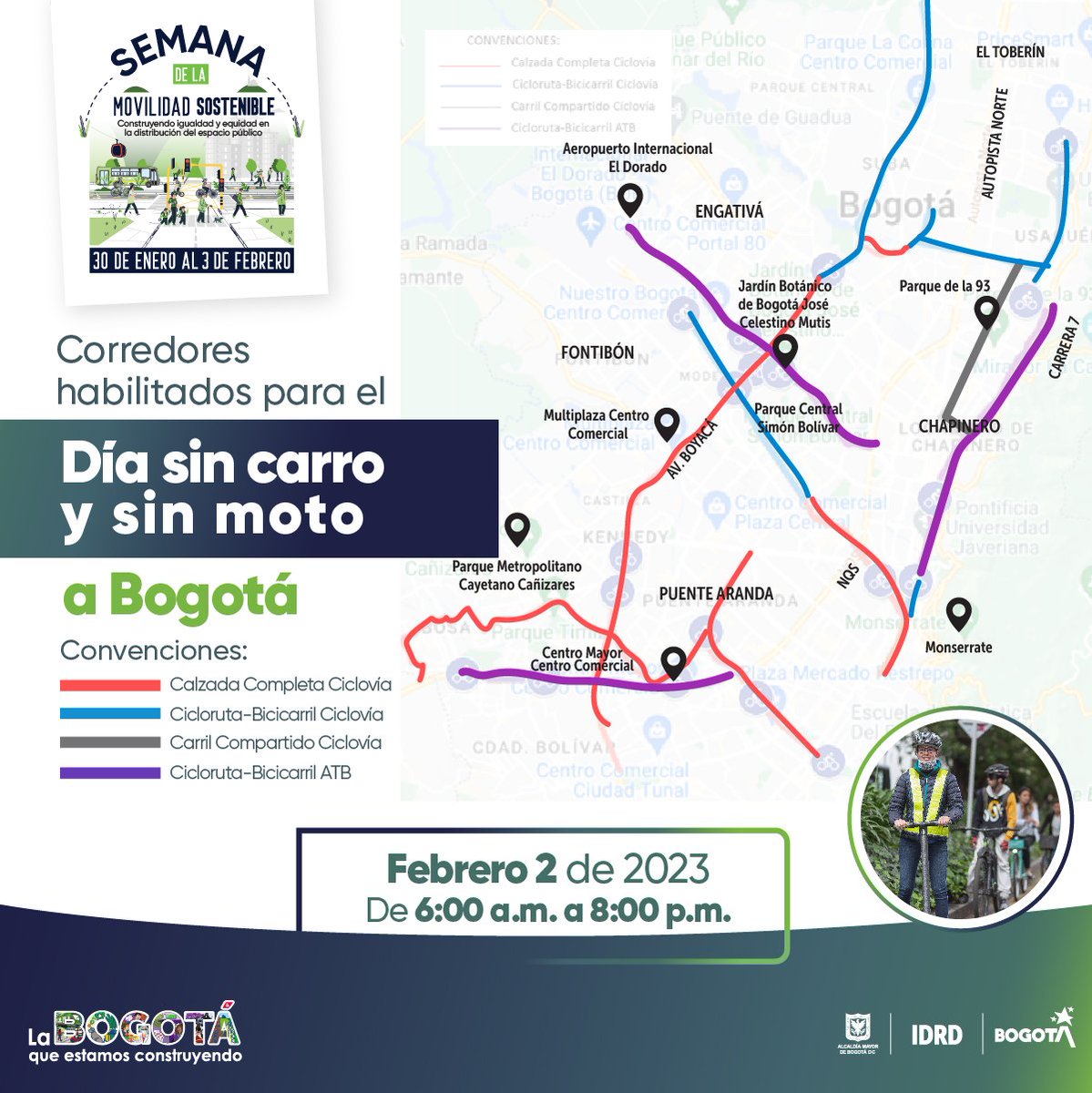 BogotaTransito's tweet photo. 🚴🚴‍♀️Conoce los corredores habilitados para transitar en bici este 2 de febrero, #DíaSinCarro y sin moto, disfruta de esta jornada en 2 ruedas y celebra la Semana de la #MovilidadSostenible con el #IDRD. #BtaMásVivaQueNunca https://t.co/EWdjXScdbw