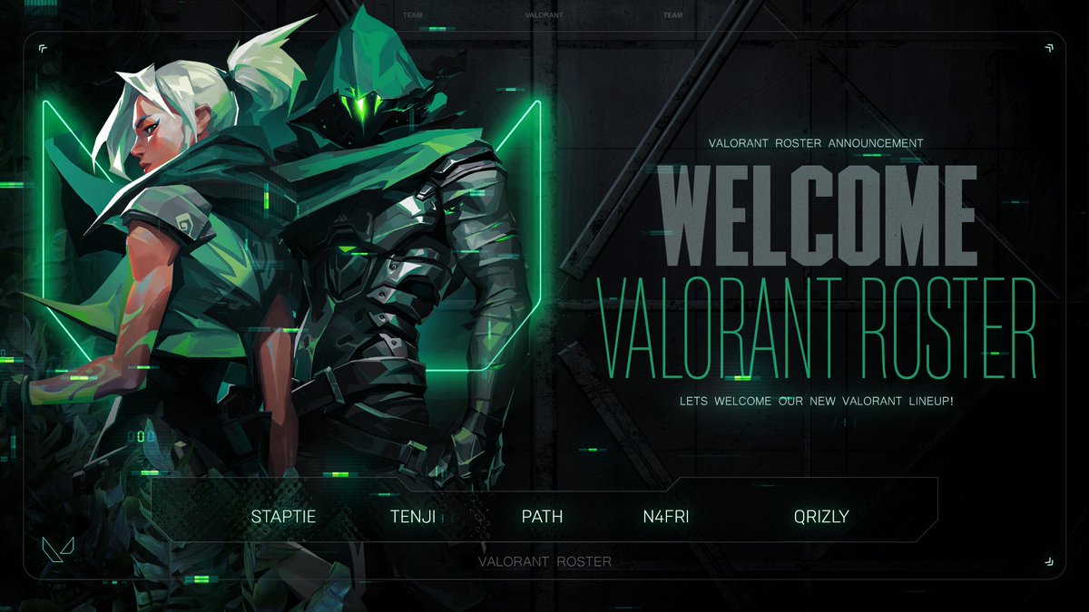 WELCOME OUR NEW #VALORANT ROSTER!

<a href="/pathVLRNT/">path</a>
@tenjiFPS
@qrizlyy
<a href="/ttvStaptie/">Staptie</a>
@N4fri

#GOEXG #beExceptional💚