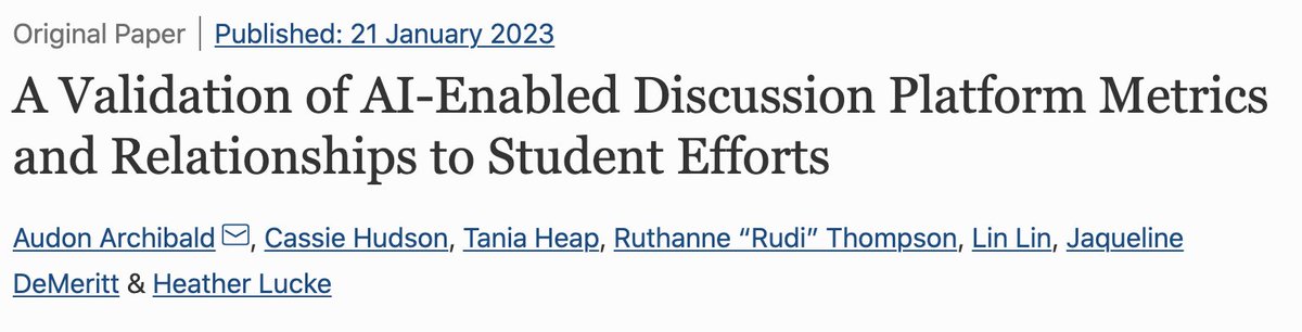 New in TechTrends: "A Validation of AI-Enabled Discussion Platform Metrics and Relationships to Student Efforts" Full-text here: rdcu.be/c4iqj #edtech #AI