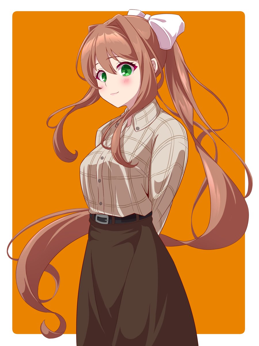 monika (doki doki literature club) 1girl long hair solo green eyes brown hair ponytail skirt  illustration images