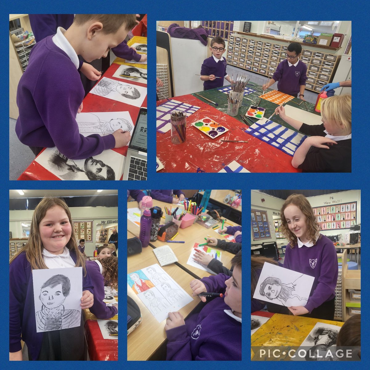 glebeps's tweet photo. Lovely to see P4 enjoying art and celebrating Scotland 💙 #concentrating #skilldevelopment #popart #charcoalismessy 🤣 #success #proudglebies🙌 https://t.co/sLLsaGFVFA