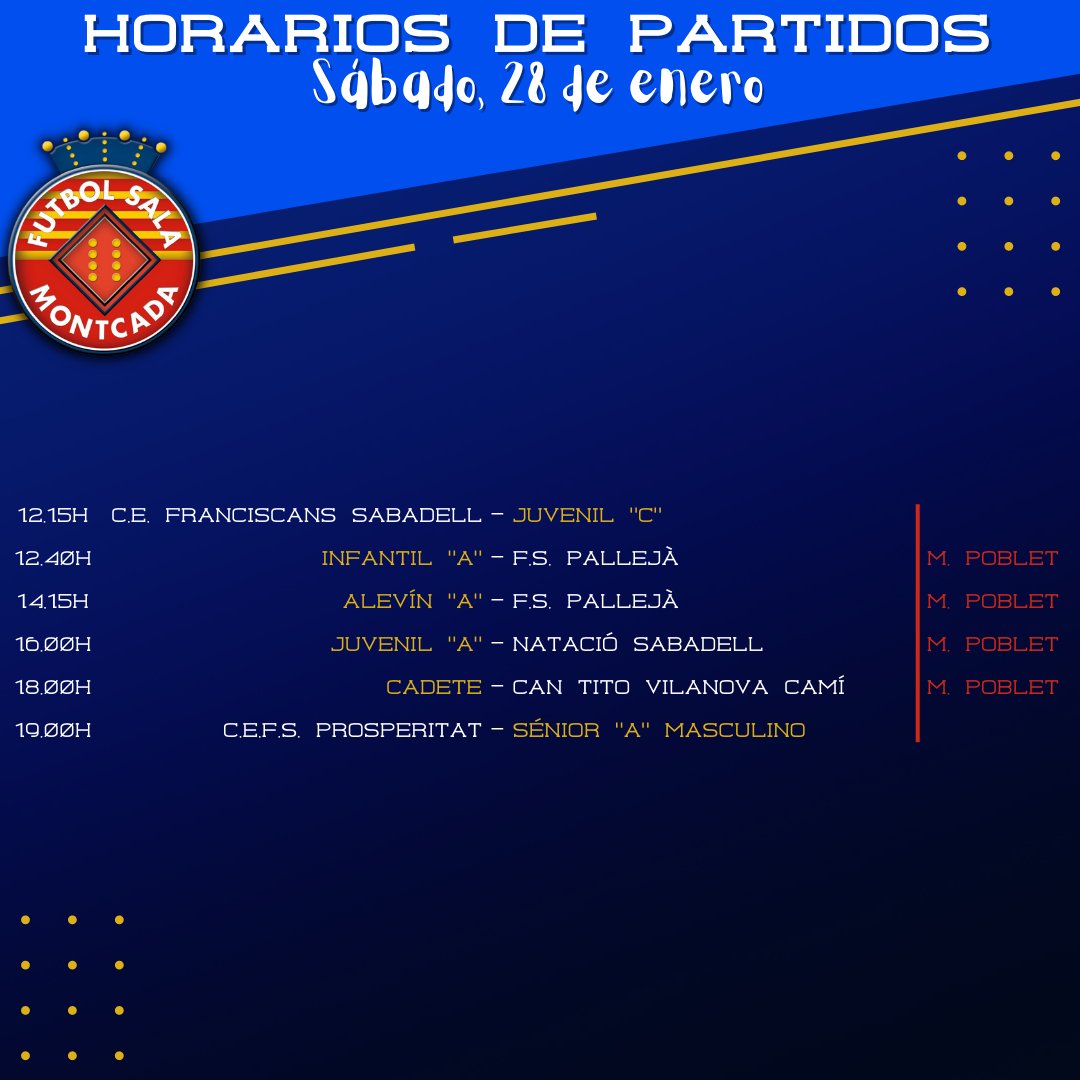 fsmontcada's tweet photo. Estos son los partidos amistosos y de liga que se disputarán durante el próximo fin de semana, 28-29 de enero.
¡Mucha suerte a todos!🍀
#cfsmontcada #montcada #montcadaireixac #futbolsala #futsal #fcf #rfef #horarios #horaris #partidos #partits #liga #lliga #amistoso #amistos https://t.co/fRR2Zk1IVw