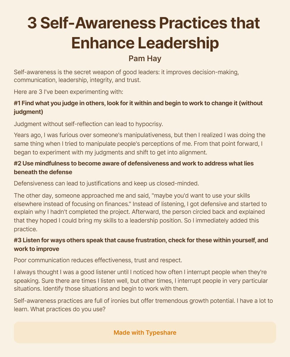 hay_pam1's tweet photo. 3 Self-Awareness Practices that Enhance Leadership 

Self-awareness is an underrated super-power. 

It's not flashy.

But it allows you to gain control over the one thing you have 100% control over - yourself.

It can also increases effectiveness.

#Ship30for30 https://t.co/CdxnXjfWx5