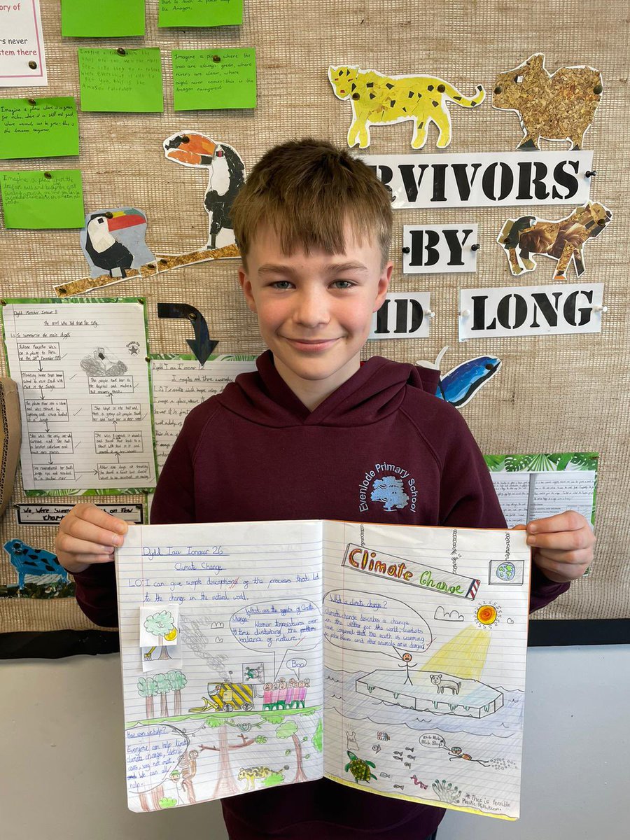 evenlodeps's tweet image. Year 6 have learnt all about Climate Change this week! We looked at the UN Global Goals and spotted how many were mentioned in an episode of Newsround 🌎 We then made some fantastic information texts using our own research about Climate Change! 🌎 @EcoSchoolsWales @JulieEcoKWT