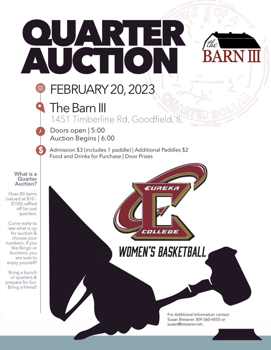 𝙎𝙖𝙫𝙚 𝙩𝙝𝙚 𝘿𝙖𝙩𝙚!

We will be holding a Quarter Auction on February 20th at The Barn III in Goodfield. Grab a bag of quarters and come enjoy great food and drinks while supporting Eureka WBB in our efforts to fund an International Trip next fall!