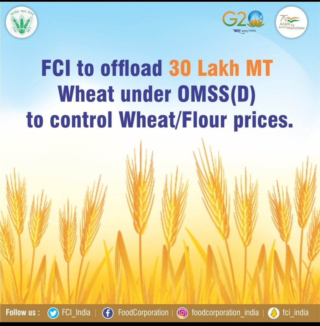 FCI_NorthZone's tweet photo. #FCI is offloading 30 Lakh MTs Wheat in the market through #OMSS(D) scheme within a span of two months through multiple channels to impact soaring wheat/flour prices.
#Pricestabilisation #Opensale #amritmahotsav #Marketintervention @FCI_India @fooddeptgoi https://t.co/44poC0T8lf