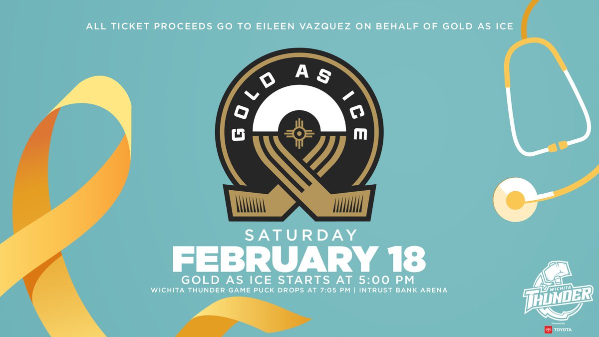 Wichita_Thunder's tweet photo. February 18 is Gold As Ice, benefiting three-year-old Eileen Vazquez, who was diagnosed with Leukemia this past July. Use the code GOLD1 here for tickets with proceeds helping to benefit her. https://t.co/rCRLXH9RSi
