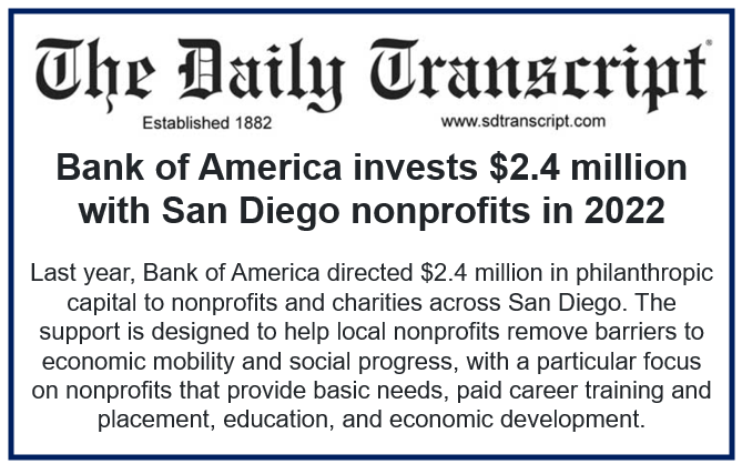 Looking back at 2022, <a href="/BankofAmerica/">Bank of America</a>’s commitment to the #SanDiego community is exemplified by the $2.4 million invested in philanthropic capital to nonprofits and charities, alongside thousands of volunteer hours across the region! More with <a href="/sdtranscript/">The Daily Transcript</a> bit.ly/408AuvG