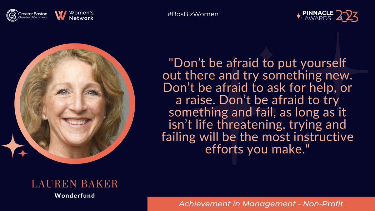 Thank you, Lauren Baker of @wonderfundma, for sparking change & leading boldly. Congrats on your Pinnacle Award for Achievement in Management – Non-Profit! #PinnacleAwards #BosBizWomen