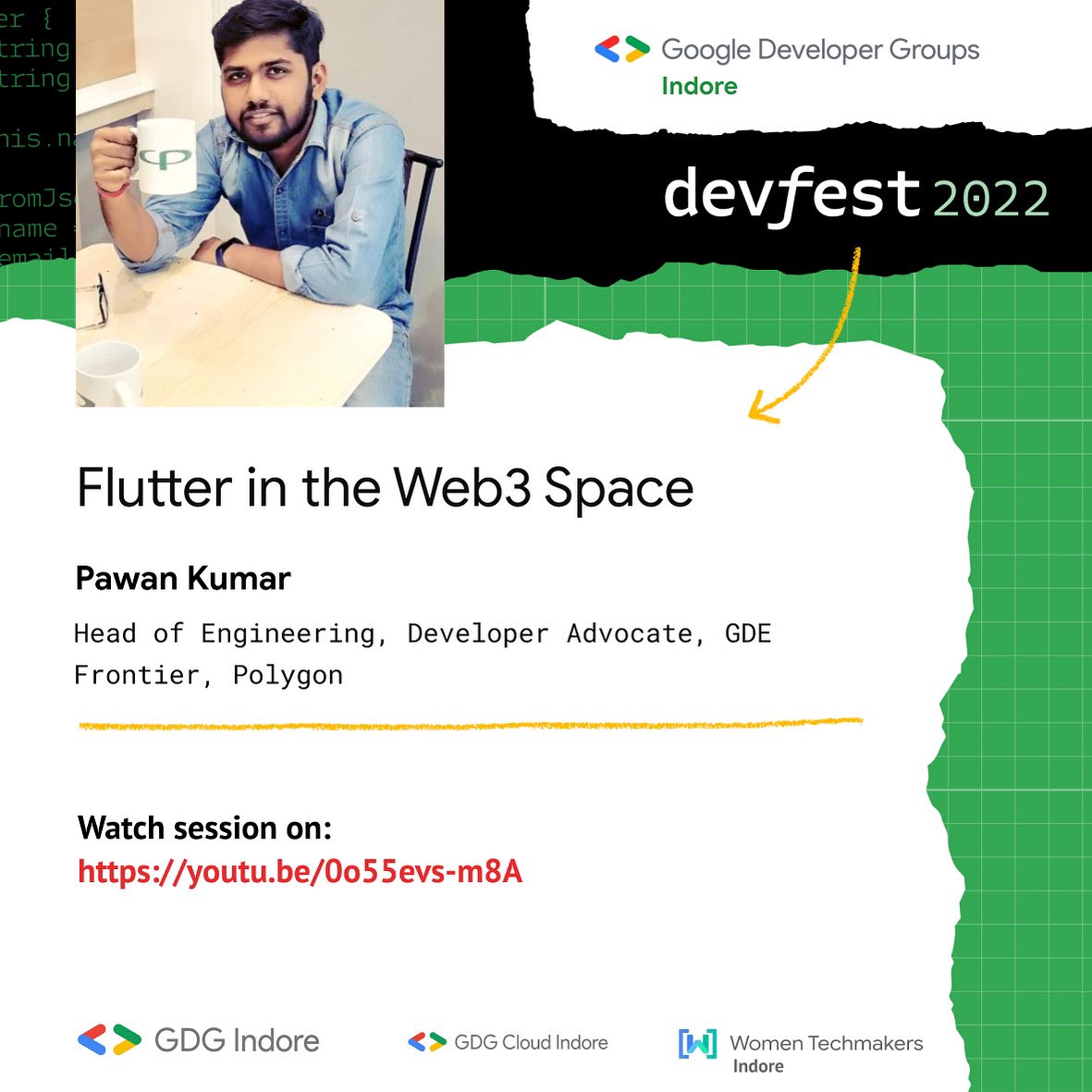 GDG_Indore's tweet photo. 🎊<To all Flutter enthusiasts >🎊
Want to learn about Web3? With Flutter?
Hear from our expert speaker Pawan Kumar in his talk "Flutter in the Web3 Space"!
In case you missed it, take a look at the fun-learn session:
https://t.co/UeCGtg20l3
#devfestindore2022 #gdgindore https://t.co/qdVTljW0uc
