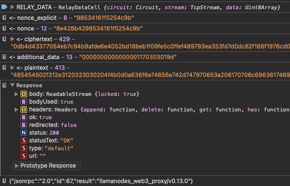 hazae41's tweet photo. This Ethereum JSON-RPC request to Llama RPC was tunneled through Tor and end-to-end encrypted with TLS using AES-GCM (one of the strongest encryptions in the world 💪)

This means you can execute Ethereum transactions anonymously and securely, all in your browser https://t.co/msu5r2fofA