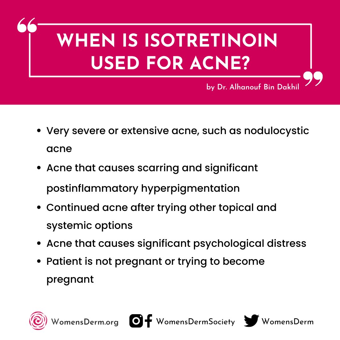 Isotretinoin, also known as Accutane, belongs to a group of medicines called retinoids, which work by reducing the amount of the oily substance made by glands in your skin. Follow link for more... @womensdermsociety instagram.com/p/Cn7x34_u404/…