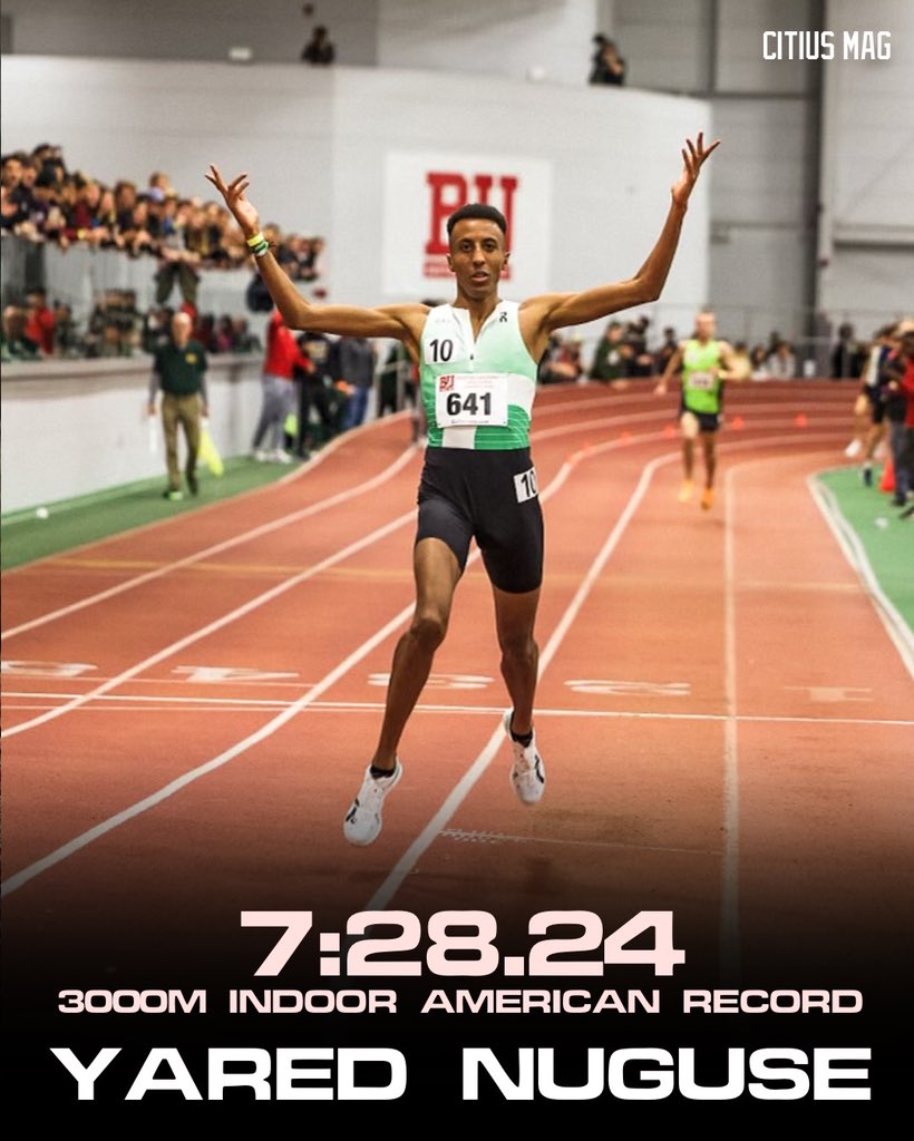 🚨 AMERICAN RECORD 🚨

Yared Nuguse breaks the indoor American record for 3000m with a 7:28.24 at the @terriertfxc Terrier Classic.

Previous record was 7:30.16 by Galen Rupp.

Nuguse moves into No. 9 on the all-time list…just ahead of Eliud Kipchoge.

📸 Justinbritton