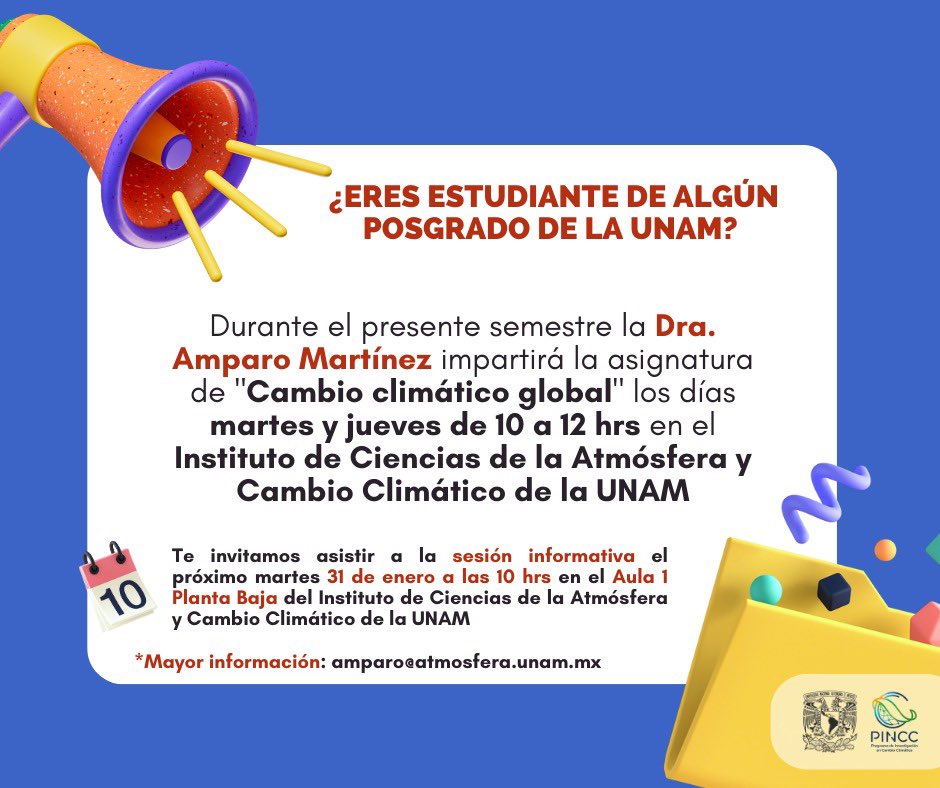 PINCC (@unam_pincc) on Twitter photo ¿Eres estudiante de algún posgrado de la UNAM y te interesan los temas sobre #cambioclimatico y #MedioAmbiente?🤔
Asiste a la sesión informativa para la asignatura “Cambio climático global”
🗓️ 31 de enero
⏰ 10:00 hrs
📍<a href="/ICAyCC_UNAM/">Inst de Ciencias de la Atmósfera y Cambio Climátic</a>
📧 Informes: amparo@atmosfera.unam.mx ¿Eres estudiante de algún posgrado de la UNAM y te interesan los temas sobre #cambioclimatico y #MedioAmbiente?🤔
Asiste a la sesión informativa para la asignatura “Cambio climático global”
🗓️ 31 de enero
⏰ 10:00 hrs
📍<a href="/ICAyCC_UNAM/">Inst de Ciencias de la Atmósfera y Cambio Climátic</a>
📧 Informes: amparo@atmosfera.unam.mx