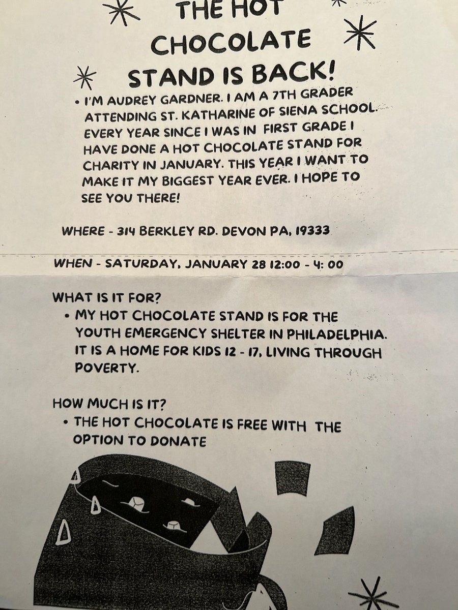 6abcadamjoseph's tweet image. WHO WANTS HOT CHOCOLATE?
A friend of mine shared this with me, and I'm definitely gonna bring the kids for some hot cocoa. What a sweet gesture and tradition for a great cause. Audrey is a Rockstar.