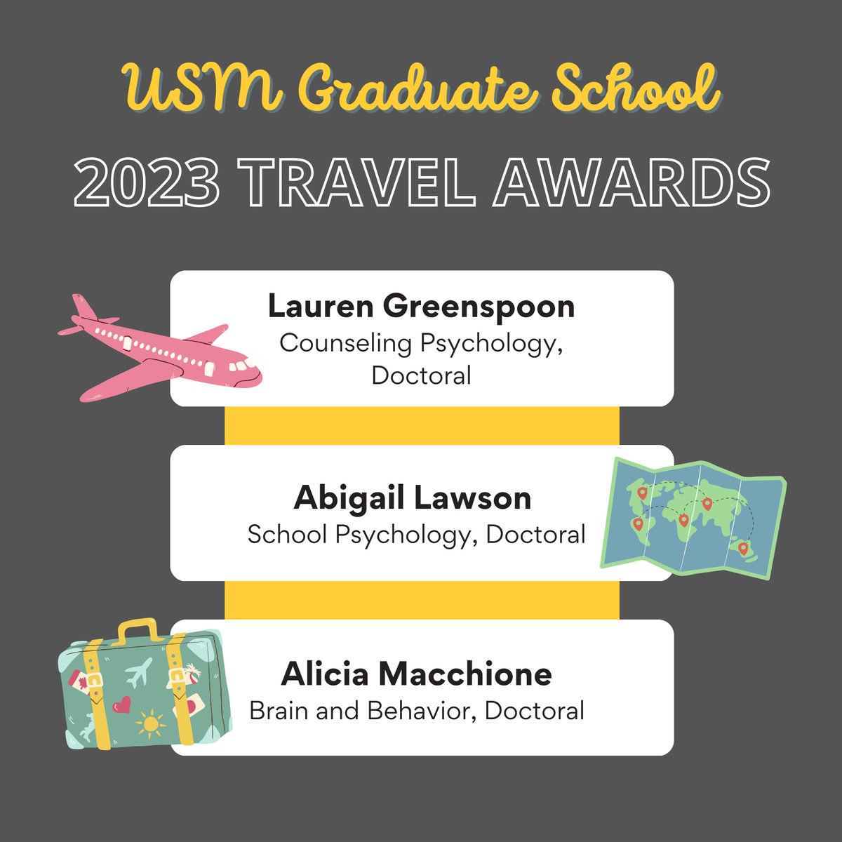 USM_CEHS's tweet photo. Congrats to our graduate students who were selected to receive travel awards from @USM_GradSchool this spring! 👏✈️🌎💸

These funds will support their participation in conferences, exhibitions or other venues for presenting their research. #SMTTT https://t.co/tFt4K5uMIy