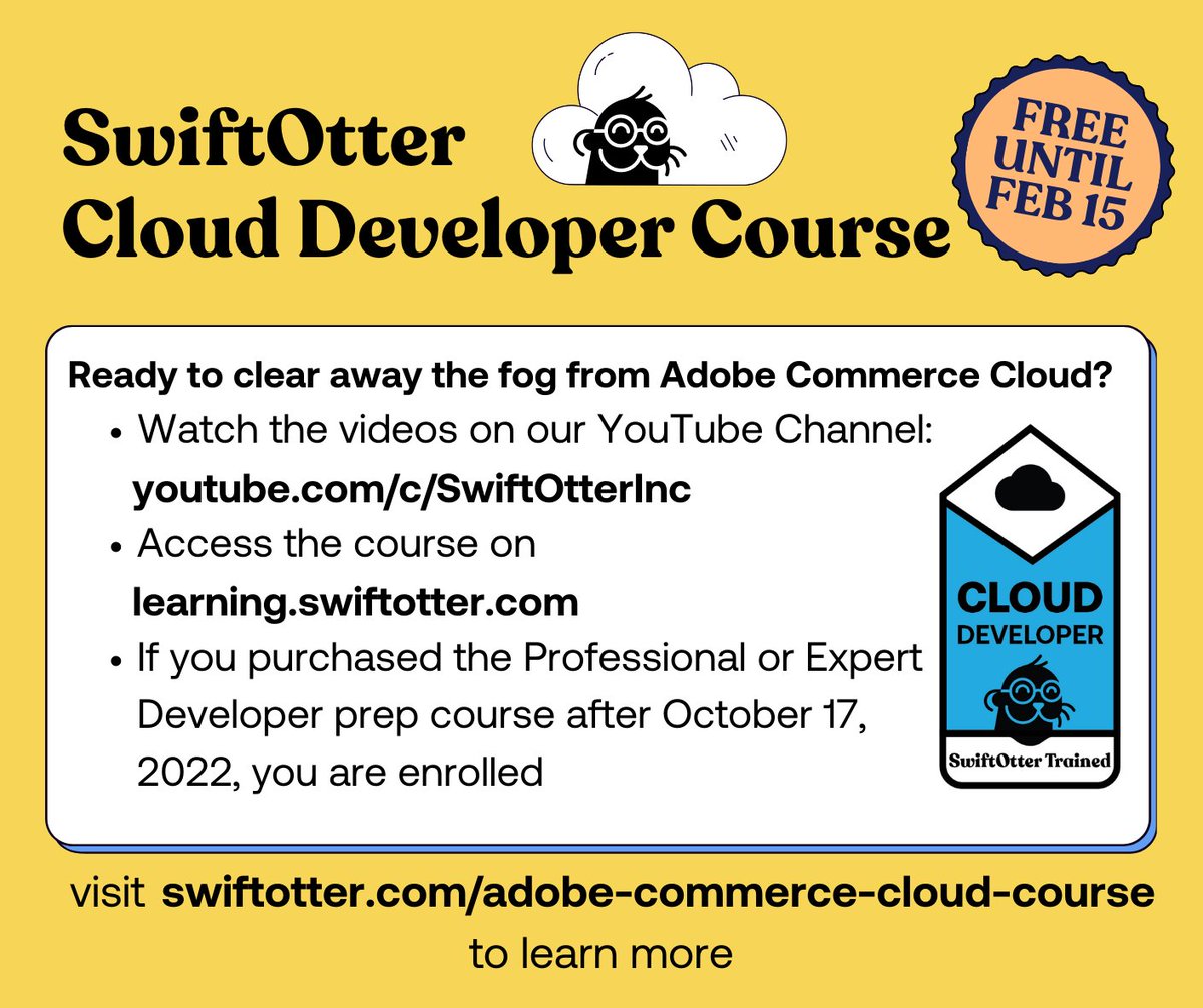 swiftotter_joe's tweet photo. Looking for something to study this weekend? Don't forget that the SwiftOtter Cloud Course is still available for free for a limited time!
Visit https://t.co/Y6RBzoid9p to learn more.
#magento #magento2 #magentodeveloper #adobecommercecloud #swiftotter https://t.co/gU9IC98kSh