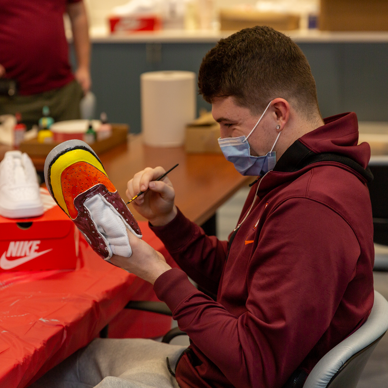 hokiesports's tweet photo. Tomorrow night for its game against Syracuse, @HokiesMBB's staff will wear these custom, colorful shoes 👟

The shoes were painted by pediatric oncology patients from @CarilionClinic's Tanglewood Center in Roanoke!