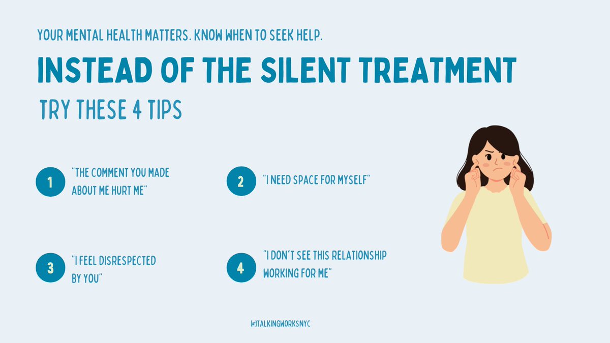 talkingworksnyc's tweet photo. You may feel that giving the silent treatment when someone has angered or offended you is taking the high road, but it's anything but that.

Communication is the only way to solve issues in a relationship and have it become a healthy one.
#RelationshipAdvice https://t.co/Yu5dSROeld
